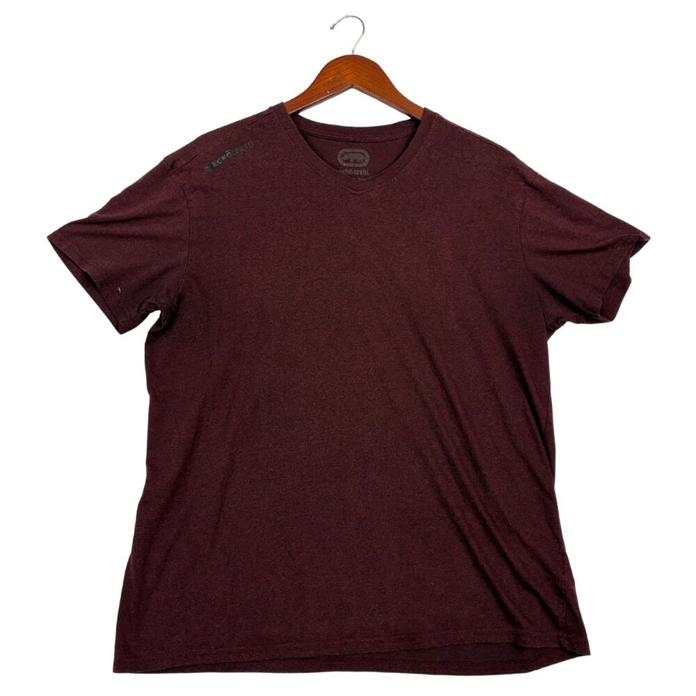 Ecko Unltd Mens Burgundy V Neck T Shirt Size L Logo Short Sleeve Casual Tee